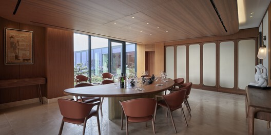 Tokaj Sauska Winery / BORD Architectural Studio - Interior Photography, Dining room, Wood, Table, Chair, Lighting, Glass