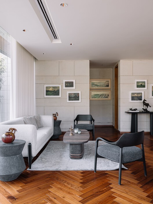 Anand Home / Hiren Patel Architect Design - Interior Photography, Living Room, Sofa, Wood, Table, Lighting, Chair