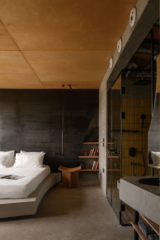 The V Penthouse / Badie Architects - Interior Photography, Wood, Lighting, Bedroom, Beam, Chair