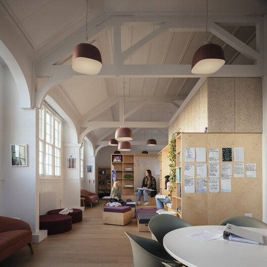Temple Building Refurbishment Brighton Girls School / Walters & Cohen Architects - Interior Photography, Living Room, Wood, Chair, Lighting, Table, Shelving