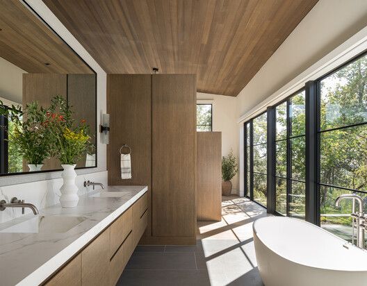 Sonoma Ridge House / Holder Parlette - Interior Photography, Bathroom, Countertop, Sink, Wood, Lighting