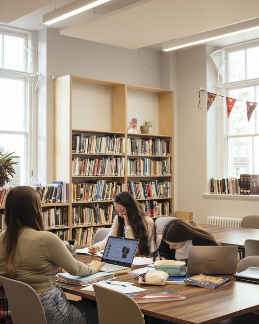 Temple Building Refurbishment Brighton Girls School / Walters & Cohen Architects - Interior Photography, Closet, Shelving, Table, Chair