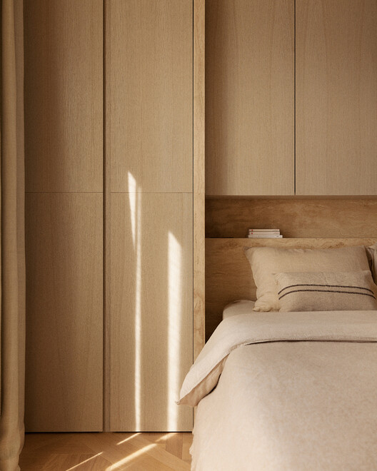 Place des États-Unis Residential Apartment / SELA.ARCH - Interior Photography, Bedroom, Wood, Bed, Closet, Shelving, Door