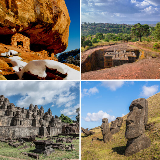 Left to Right, Top to Bottom: Bears Ears National Monument, Lalibela, Angkor, Rapa Nui (Easter Island)