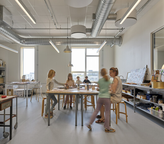 Public School Meatpacking District Copenhagen / NORD Architects + BBP Arkitekter - Interior Photography, Dining room, Wood, Table, Chair, Lighting