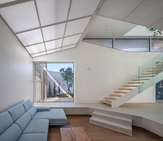 House of Boundary / PLAN Architects office - Interior Photography, Living Room, Wood, Stairs, Concrete, Handrail