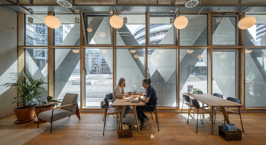 The Cradle Office Building / HPP Architects - Interior Photography, Dining room, Wood, Lighting, Chair, Table, Glass