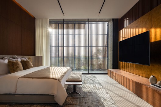 From Inside Looking Out House / K-Thengono Design Studio - Interior Photography, Bedroom, Wood, Lighting, Bed, Chair
