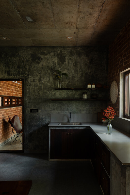 Of Trees and Gods and Mud House / Urava Architecture - Interior Photography, Kitchen, Lighting, Countertop, Brick, Chair