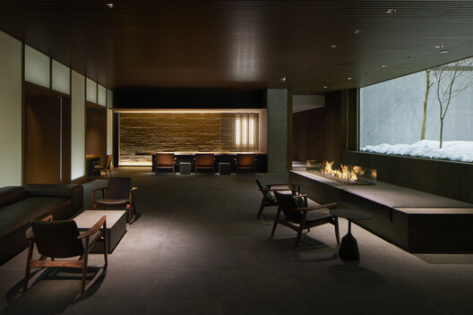 MUWA NISEKO  / Nikken Sekkei - Interior Photography, Dining room, Wood, Lighting, Table, Chair, Glass