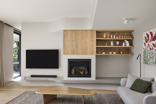 Ripple House / Atlas Architects - Interior Photography, Living Room, Wood, Shelving, Lighting