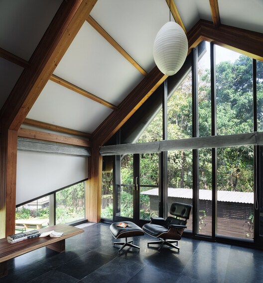 Timber Residence / Architecture Discipline - Interior Photography, Wood, Lighting, Glass, Beam, Chair