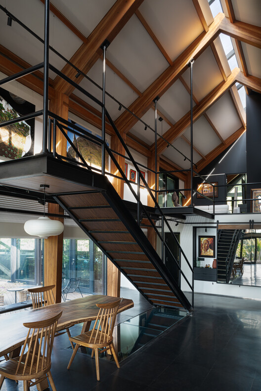 Timber Residence / Architecture Discipline - Interior Photography, Stairs, Wood, Lighting, Glass, Beam, Chair