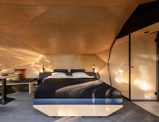 PEBL Cabins / Hello Wood - Interior Photography, Bedroom, Wood, Lighting, Bed