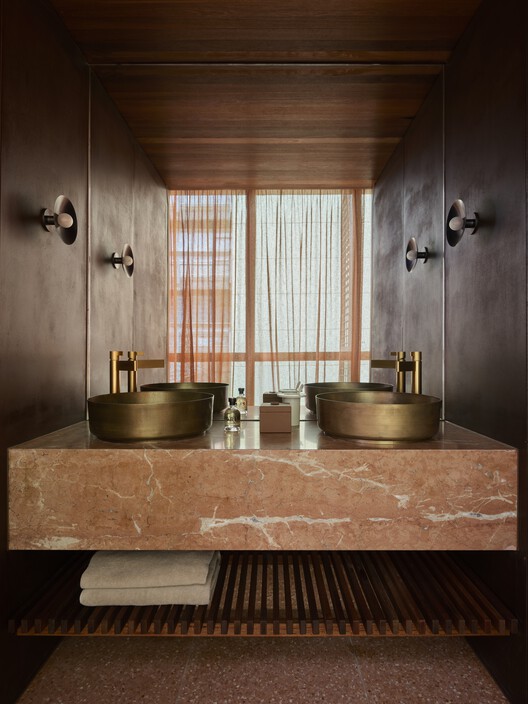 Melbourne Place Hotel / Kennedy Nolan Architects - Interior Photography, Bathroom, Wood, Sink, Countertop