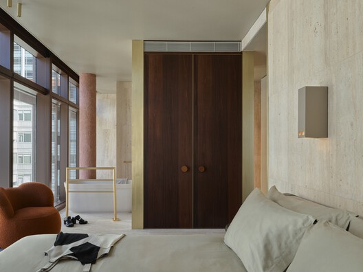 Melbourne Place Hotel / Kennedy Nolan Architects - Interior Photography, Bedroom, Wood, Door, Glass, Chair, Closet