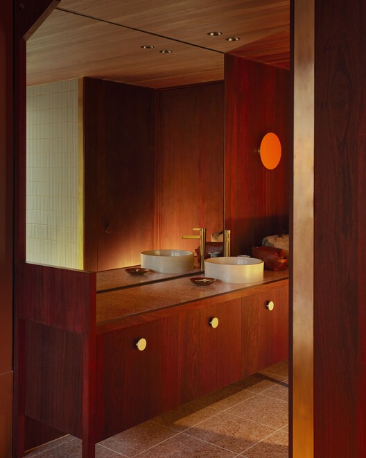 Melbourne Place Hotel / Kennedy Nolan Architects - Interior Photography, Bathroom, Wood, Lighting, Sink
