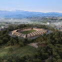 Exterior render. Image Courtesy of VUILD VUILD Designs Timber Stadium in Fukushima Drawing on Japanese Traditions of Renewal - Image 1 of 4