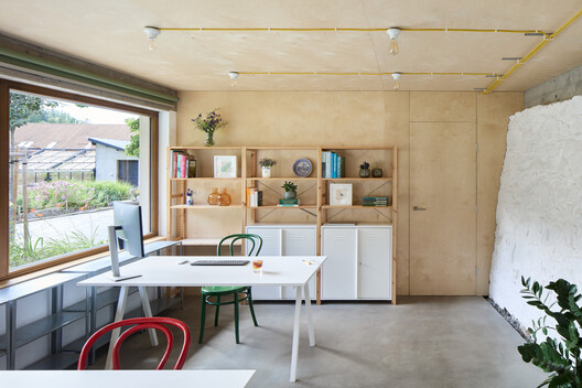 Kraffer Community Garden / matěj šebek architekti + Ateliér Za Mák - Interior Photography, Wood, Lighting, Shelving, Chair