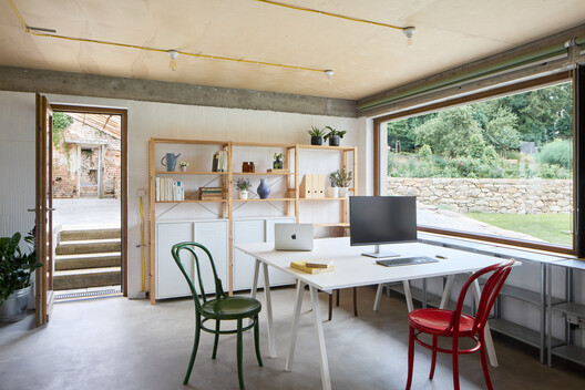 Kraffer Community Garden / matěj šebek architekti + Ateliér Za Mák - Interior Photography, Dining room, Shelving, Table, Chair