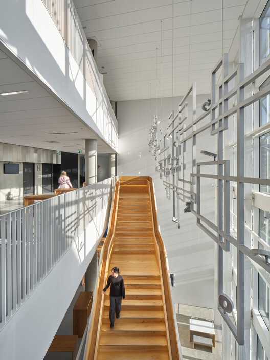 The Niels Bohr Building / Christensen & Co. Architects + Vilhelm Lauritzen Architects - Interior Photography, Stairs, Wood, Glass, Handrail, Steel