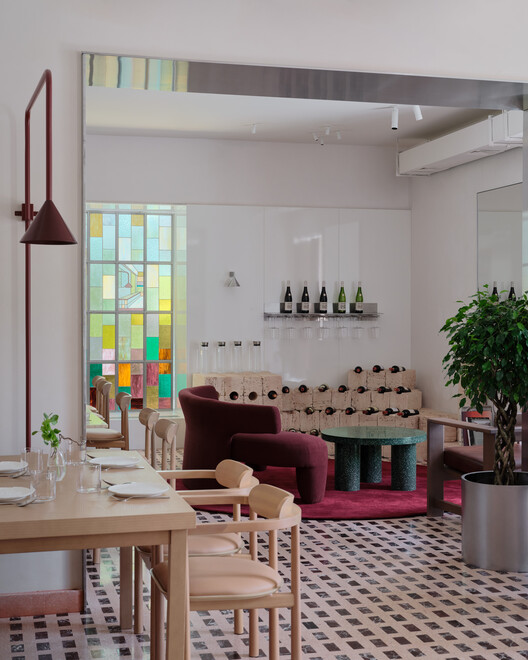 Six Coffee + Wine cafe / NAAW - Interior Photography, Dining room, Wood, Table, Chair, Lighting, Glass