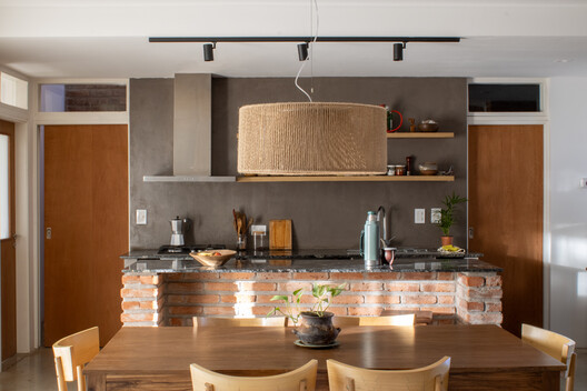 Sister Houses / Simón Albina - Interior Photography, Kitchen, Wood, Table, Chair, Lighting, Countertop, Brick