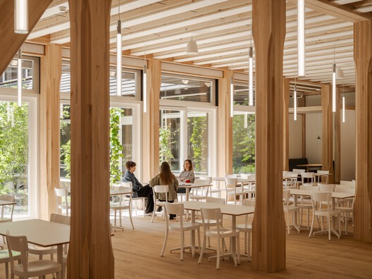 Hortus Allschwil / Herzog & de Meuron - Interior Photography, Dining room, Wood, Table, Chair, Glass, Column