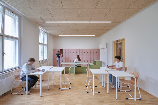 Gersthof Model School Renovation and Conversion / Franz&Sue - Interior Photography, Dining room, Wood, Table, Chair