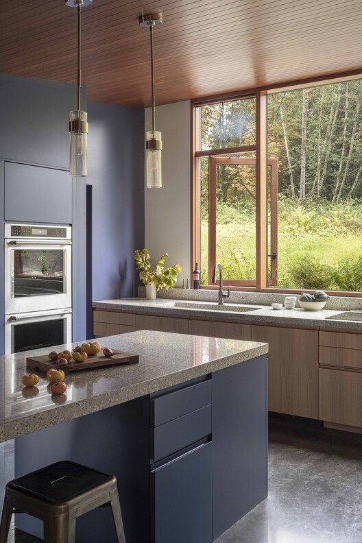French Creek Workshops House / Wittman Estes - Interior Photography, Kitchen, Countertop, Wood, Lighting, Chair