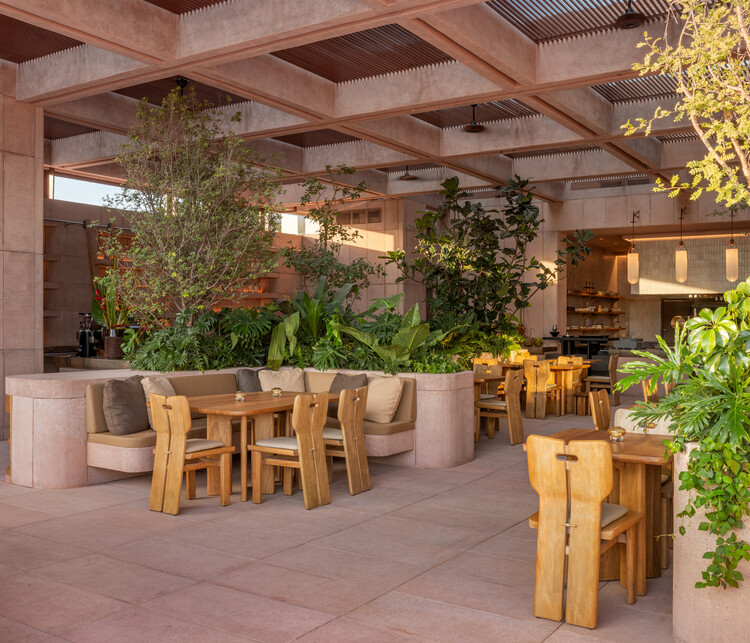 Restaurante Rubra / Ignacio Urquiza + apda Ana Paula de Alba - fotografía de interiores, comedor, madera, sillas, patio, patio interior