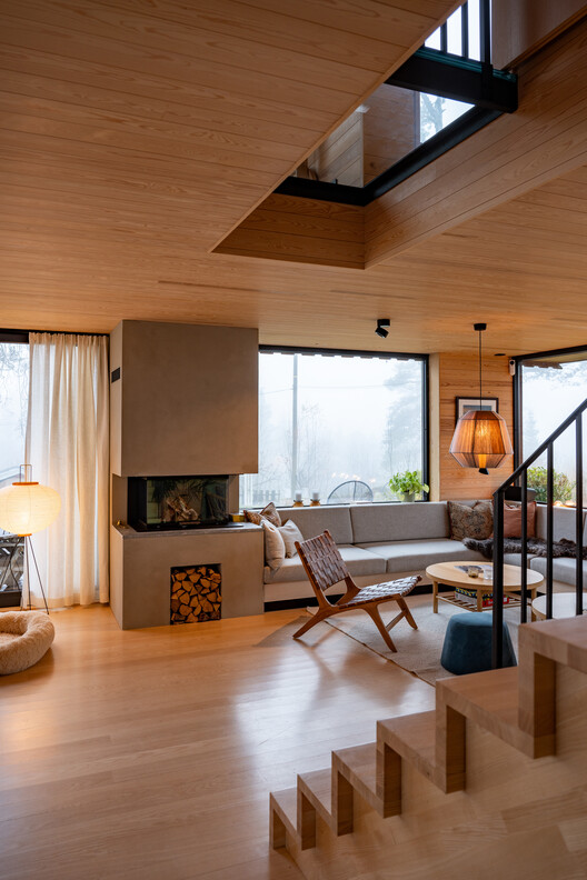 Solem Forest House / MORFEUS arkitekter - Interior Photography, Living Room, Wood, Sofa, Lighting, Table, Chair