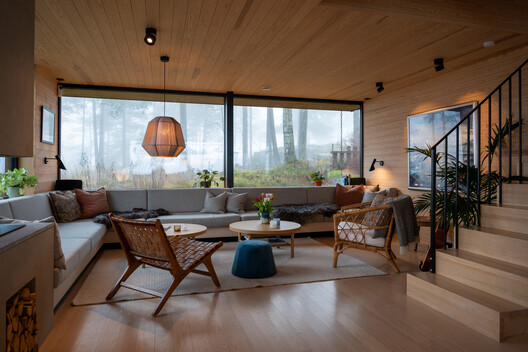 Solem Forest House / MORFEUS arkitekter - Interior Photography, Living Room, Wood, Sofa, Lighting, Table
