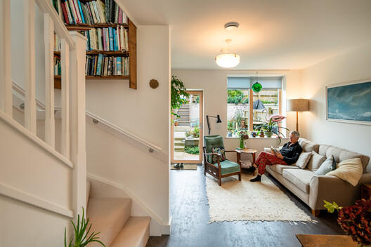 Hazelmead Bridport Co-Housing / Barefoot Architects - Interior Photography, Living Room, Wood, Sofa, Lighting, Door, Stairs