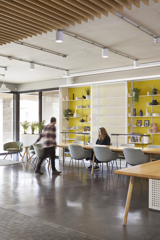 Brooklands Workplace Campus / Allies and Morrison - Interior Photography, Dining room, Chair, Table, Wood, Lighting, Glass