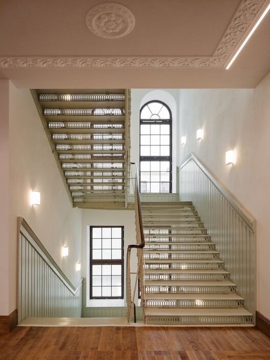 Stefan Żeromski Theatre  / WXCA - Interior Photography, Stairs, Wood, Handrail, Lighting, Beam