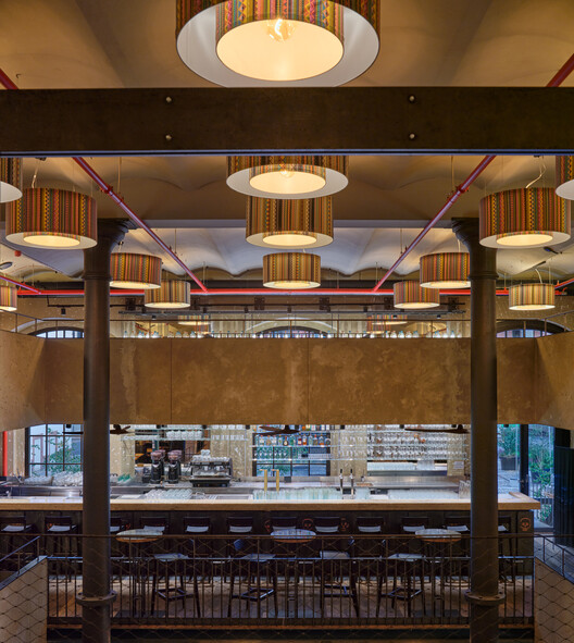 Mexická Restaurant / 20-20 Architekti - Interior Photography, Stairs, Wood, Lighting, Chair, Beam