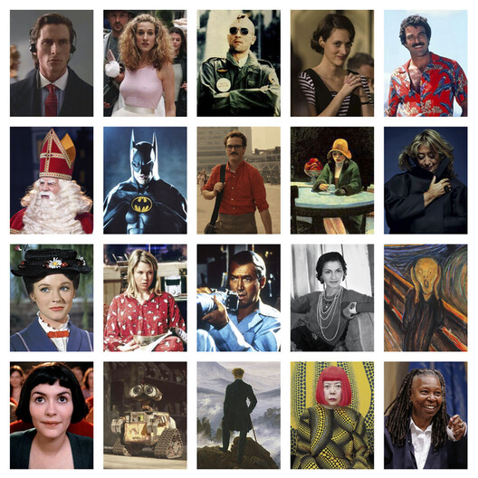 Patrick Bateman (American Psycho); Carrie Bradshaw (Sex and the City); Travis Bickle (Taxi Driver); Fleabag; Thomas Magnum (Magnum, P.I.); Sinterklaas; Batman; Theodore Twombly (Her); Automat (Edward Hopper); Zaha Hadid; Mary Poppins; Bridget Jones; L. B. "Jeff" Jefferies (Rear Window); Coco Chanel; The Scream (Edvard Munch); Amélie Poulain; WALL-E; Wanderer above the Sea of Fog (Caspar David Friedrich); Yayoi Kusama; Whoopi Goldberg. Image 
