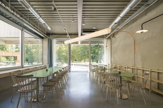 Bistro Ferdinand / Grau Architects + studeny architects + Peter Stec - Interior Photography, Dining room, Wood, Table, Chair, Lighting, Glass