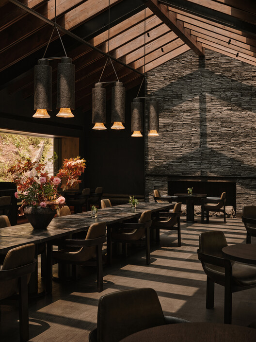 ZOLAND·Emei, Resort  / Studio J. Bridgland - Interior Photography, Dining room, Wood, Lighting, Table, Chair, Beam