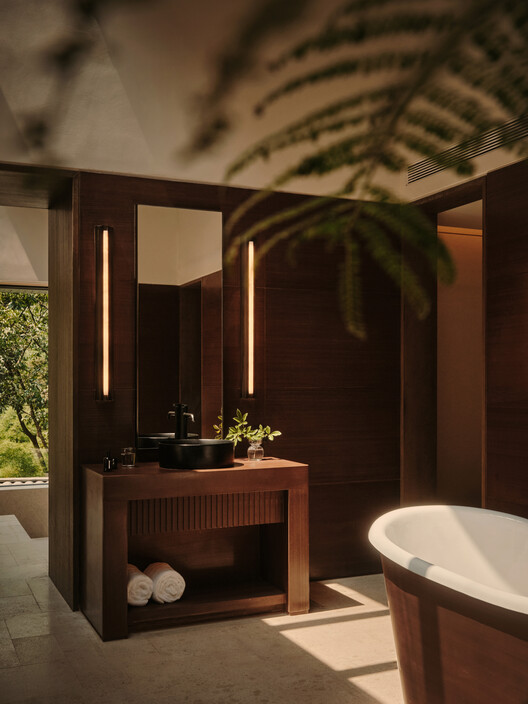 ZOLAND·Emei, Resort  / Studio J. Bridgland - Interior Photography, Bathroom, Wood, Sink, Lighting