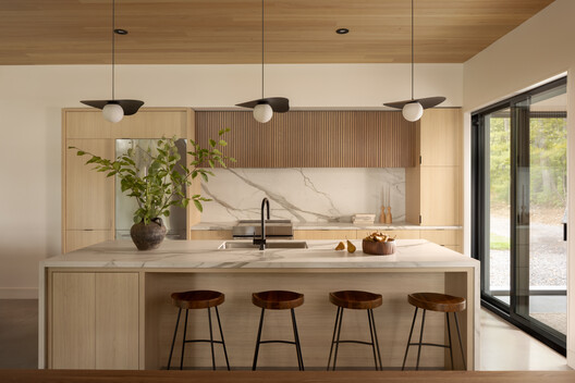 Manitouwaba Lake House / Daymark - Interior Photography, Kitchen, Countertop, Wood, Lighting, Table, Chair