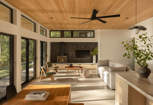 Manitouwaba Lake House / Daymark - Interior Photography, Living Room, Wood, Table, Lighting, Chair
