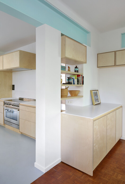 Meandering Furniture Villa Renovation / Atelier Tom Vanhee - Interior Photography, Kitchen, Wood, Countertop, Lighting, Shelving