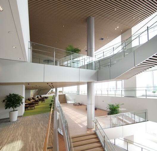 TOYOTA Research and Development Center / Nikken Sekkei - Interior Photography, Wood, Lighting, Stairs, Glass, Handrail
