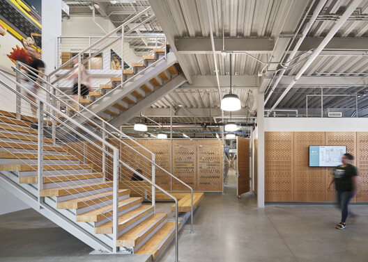 Multnomah County Library Operations Center / Hennebery Eddy Architects - Interior Photography, Stairs, Wood, Glass, Steel, Beam