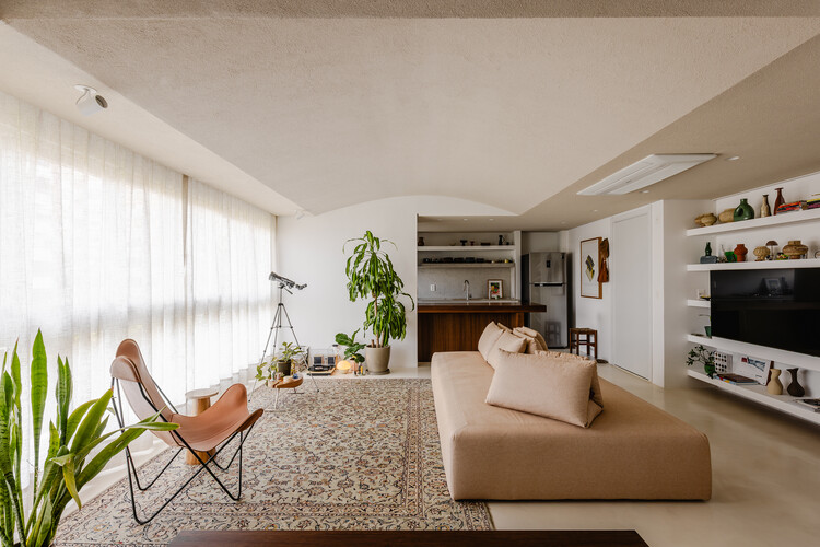 Apartamento Miguel Tostes / BARRA Arquitetos - fotografía de interiores, salón, sillón, madera, iluminación, mesa