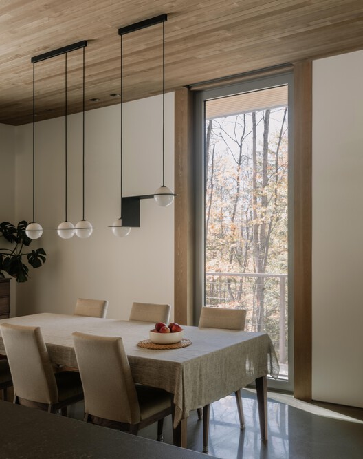 Perchée Residence / Matière Première Architecture - Interior Photography, Dining room, Lighting, Wood, Table, Glass, Chair
