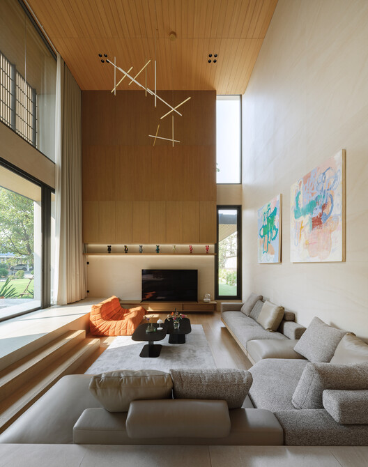 Axis of Growth House / Elemental Living - Interior Photography, Living Room, Wood, Lighting, Sofa, Chair