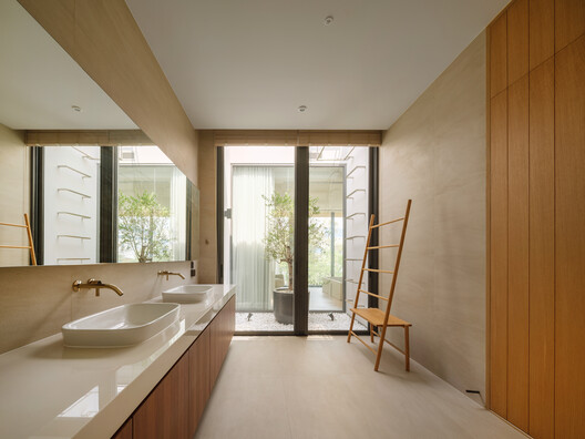 Axis of Growth House / Elemental Living - Interior Photography, Bathroom, Wood, Door, Glass, Sink